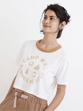 Madewell MWL Camp Summer Resort Crop Ringer Tee | White | Medium